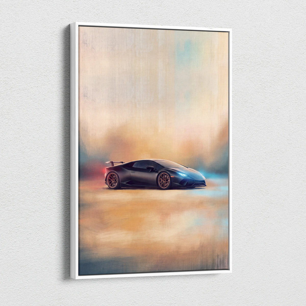 Black lamborghini huracán sto inspired supercar canvas art with glowing blue headlights on abstract orange background