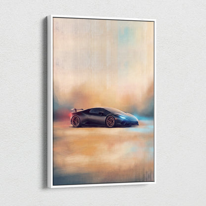 Black lamborghini huracán sto inspired supercar canvas art with glowing blue headlights on abstract orange background