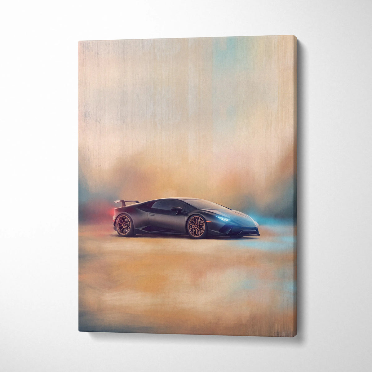 Lamborghini huracán sto inspired supercar canvas art print featuring a black car with glowing blue headlights and red wheels