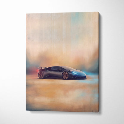 Lamborghini huracán sto inspired supercar canvas art print featuring a black car with glowing blue headlights and red wheels