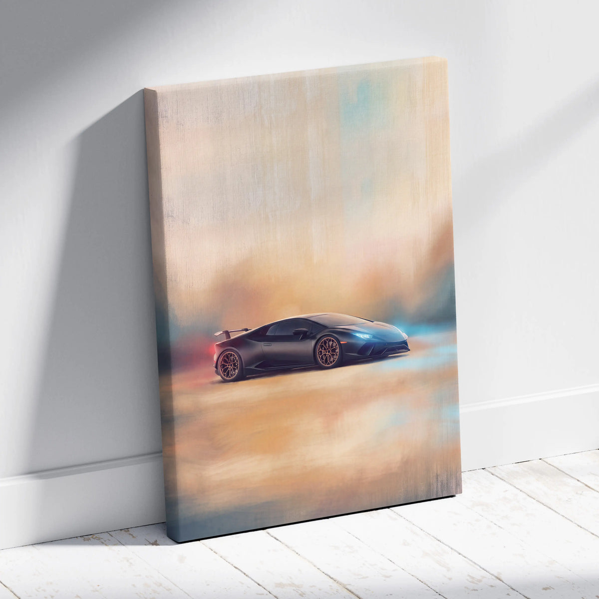 Black Lamborghini Huracán STO inspired supercar canvas art with dynamic smoky blue and orange background wall print