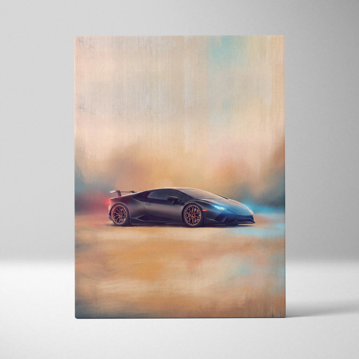 Lamborghini huracán sto inspired supercar canvas art print featuring black stylized smoky sports car design