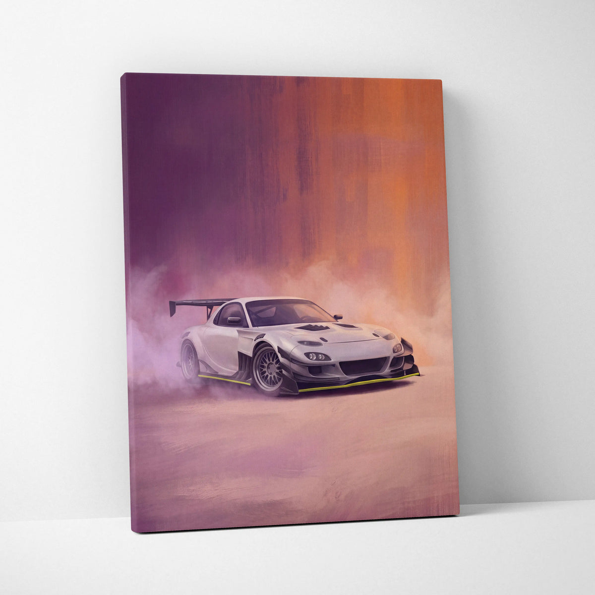 White mazda rx-7 drift canvas print with yellow accents and purple-orange gradient background for garage decor