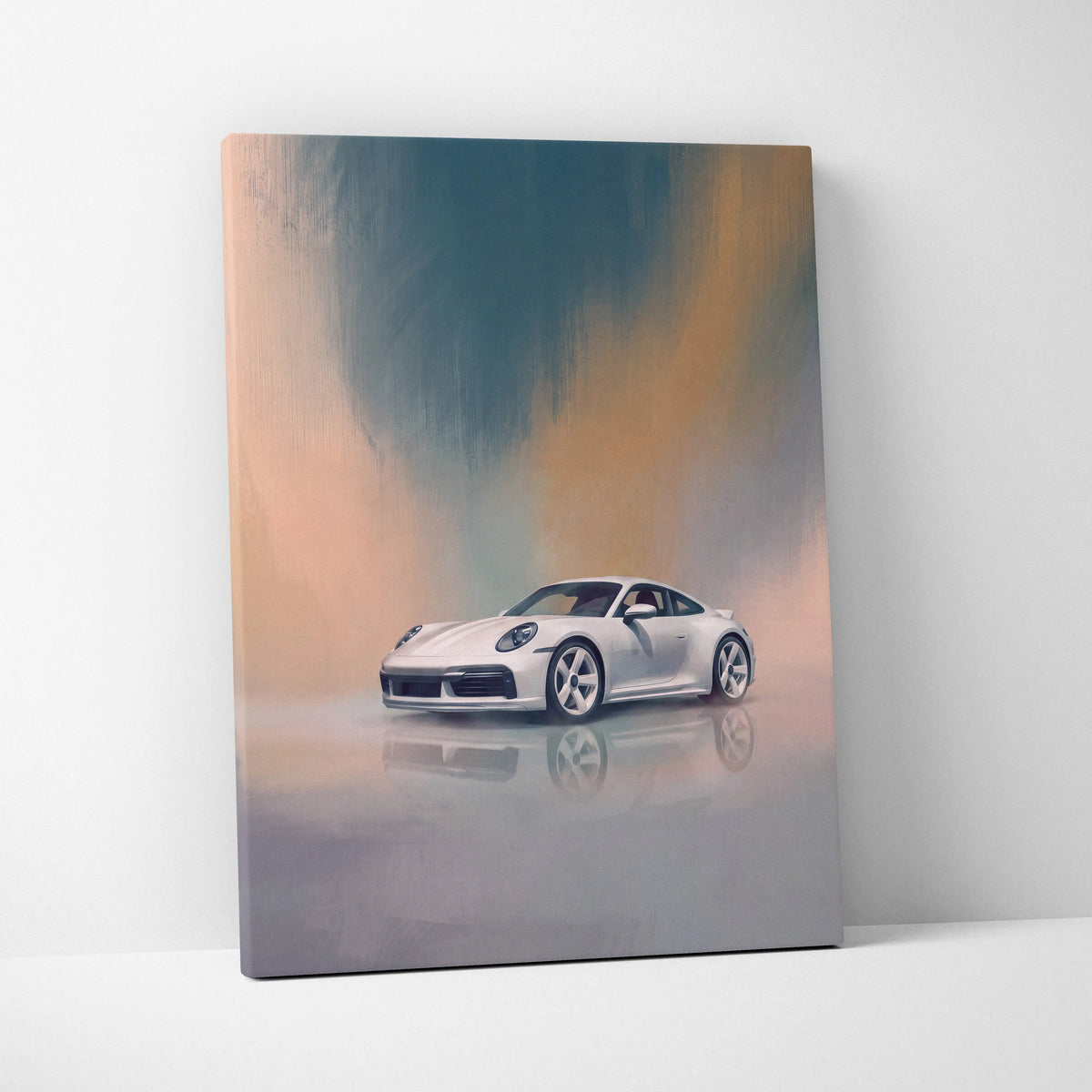 White porsche 911 inspired sports car canvas print with abstract gradient background for automotive wall art