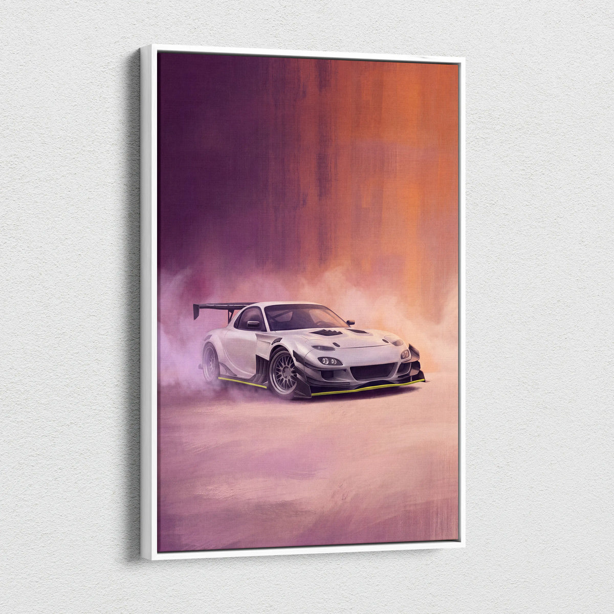 White Mazda RX-7 drift racing car illustration on a framed canvas print for JDM tuner car garage decor