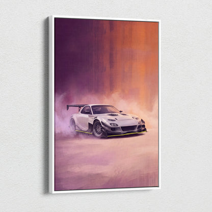 White Mazda RX-7 drift racing car illustration on a framed canvas print for JDM tuner car garage decor