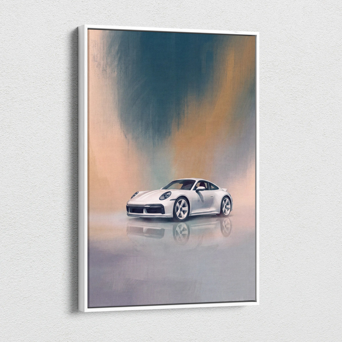 White framed canvas print featuring a sleek silver Porsche 911 sports car with a teal and peach abstract background