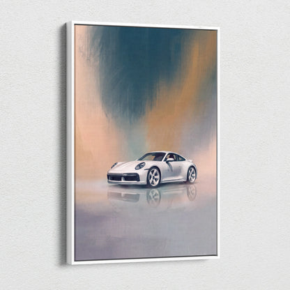 White framed canvas print featuring a sleek silver Porsche 911 sports car with a teal and peach abstract background