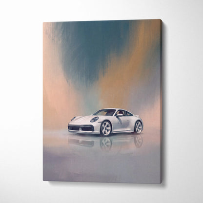 White porsche 911 sports car stylized painting on canvas print with reflective surface and gradient sky background
