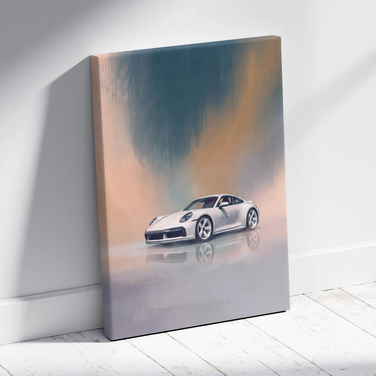 White porsche 911 canvas print with sleek reflective surface and soft gradient background automotive wall art
