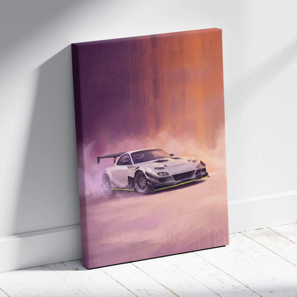 A white mazda rx-7 inspired racing car with black and yellow accents on canvas art for jdm tuner garage decor