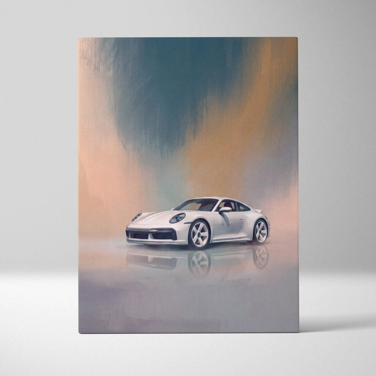 White porsche 911 sports car stylized painting on canvas print with soft pastel background for automotive wall art
