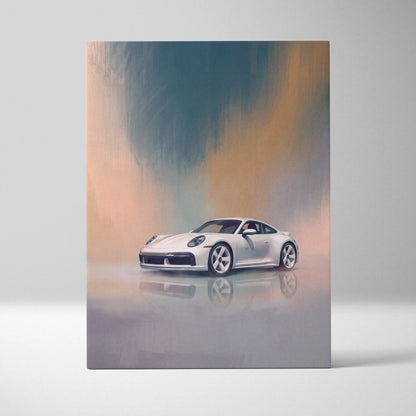 White porsche 911 sports car stylized painting on canvas print with soft pastel background for automotive wall art