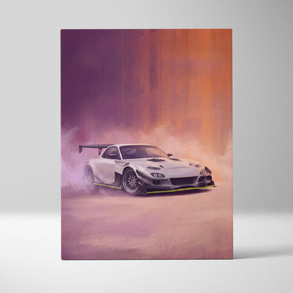 White Mazda RX-7 drift car canvas art with yellow accents and black rear wing for JDM tuner garage decor