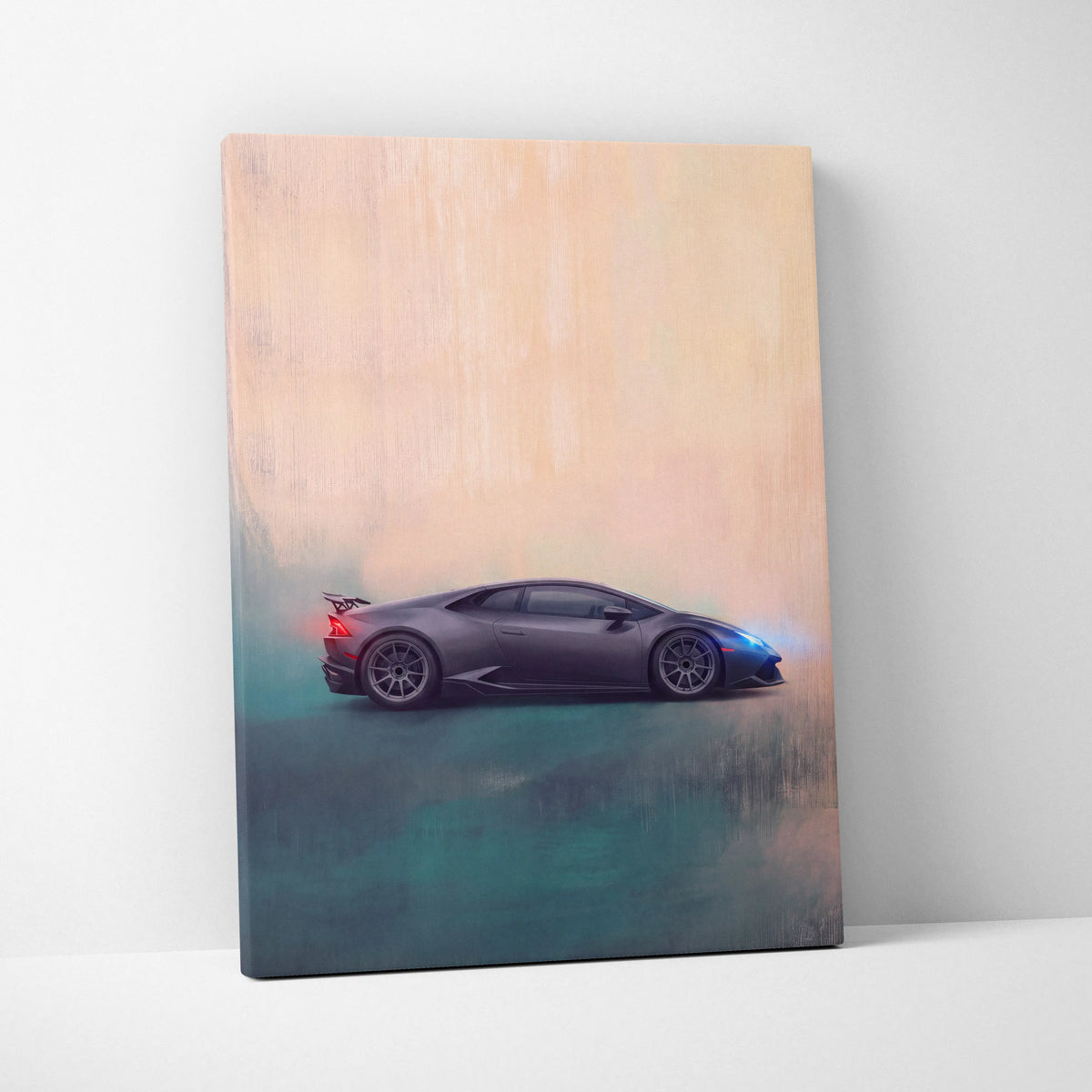 A sleek matte black Lamborghini Huracán canvas print with glowing blue and red accents for premium automotive decor