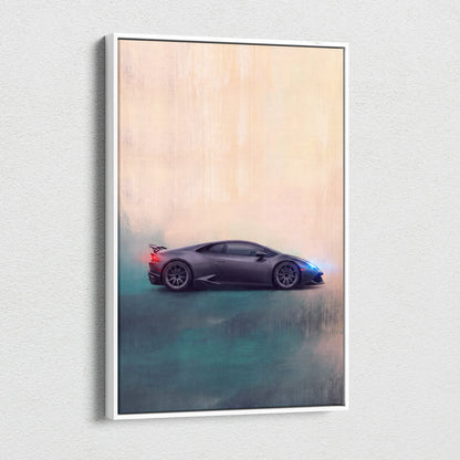 Lamborghini Huracán inspired canvas art featuring a sleek matte gray sports car with glowing blue and red accents