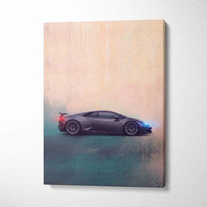 A sleek matte gray Lamborghini Huracán canvas print with glowing red and blue accents for premium wall decor