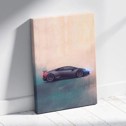 Lamborghini huracán inspired matte gray canvas art with glowing blue and red accents on wooden wall frame