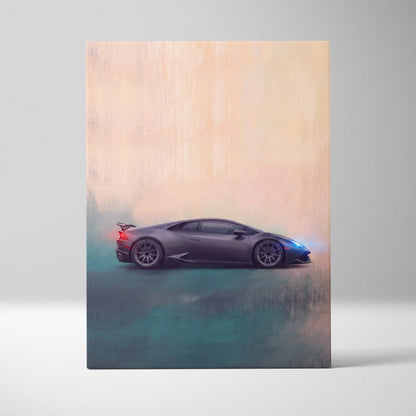 A sleek matte black lamborghini huracán canvas art with glowing blue and red accents for premium wall decor