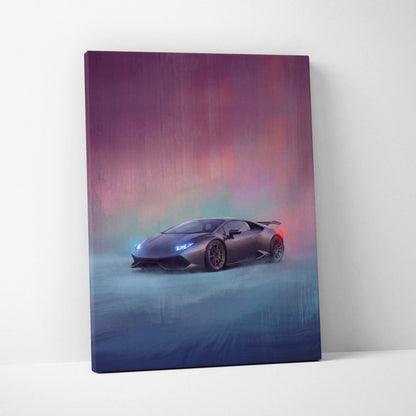A sleek matte black Lamborghini Huracán digital canvas wall art with glowing blue and red accents in a misty sky