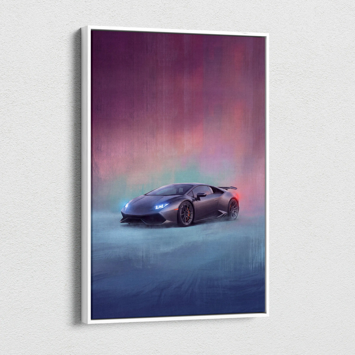 Lamborghini huracán inspired car wall art featuring a sleek matte black sports car with glowing blue headlights on canvas