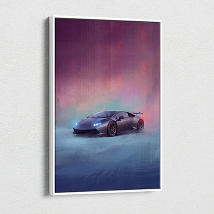 Lamborghini huracán inspired car wall art featuring a sleek matte black sports car with glowing blue headlights on canvas