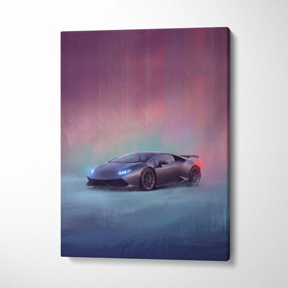 A sleek matte black Lamborghini Huracán canvas print with glowing headlights and a purple-pink gradient sky background