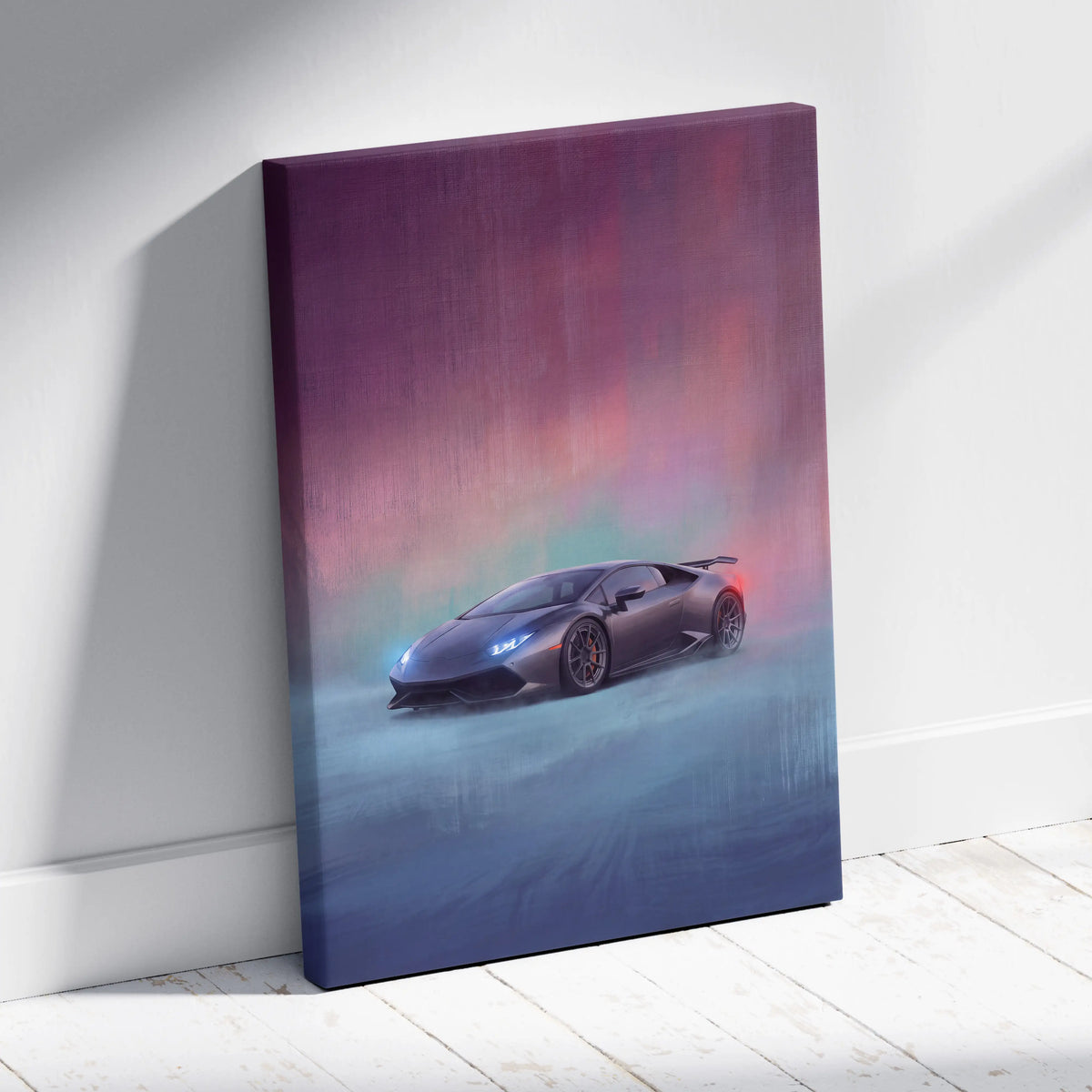 Lamborghini huracán inspired car wall art featuring a matte black sports car with glowing blue headlights on canvas