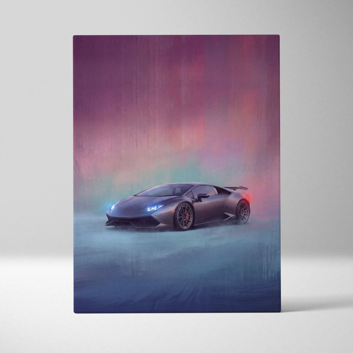 Lamborghini huracán inspired car wall art featuring a sleek matte black sports car with glowing headlights on canvas