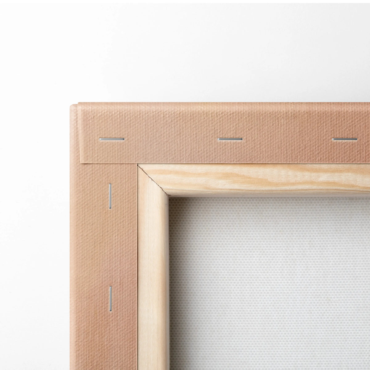 Backside of a light beige canvas stretched on natural wood frame with visible stitching for lamborghini huracán supercar art