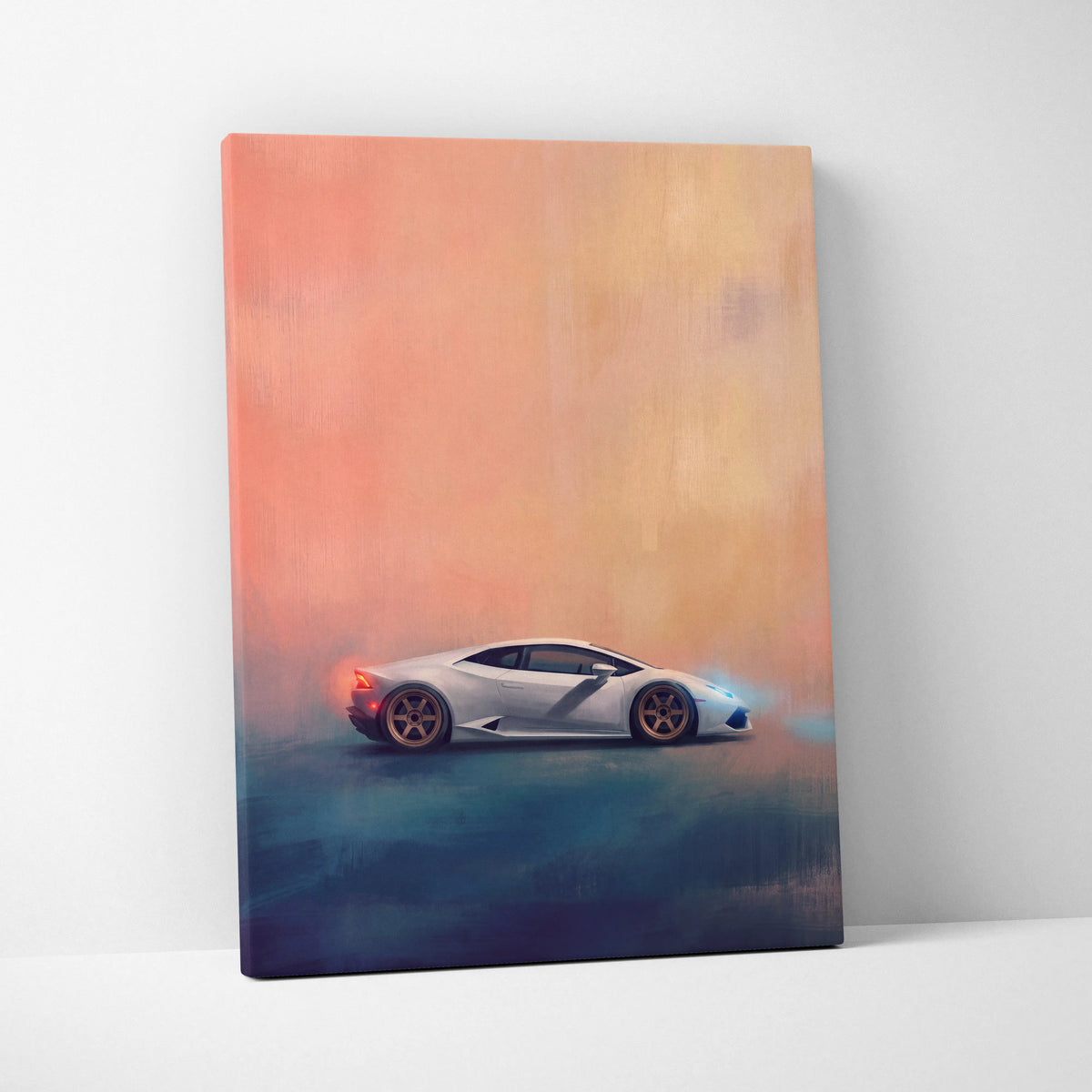 White Lamborghini Huracán inspired supercar canvas art featuring a stylized painting against a peach orange sky