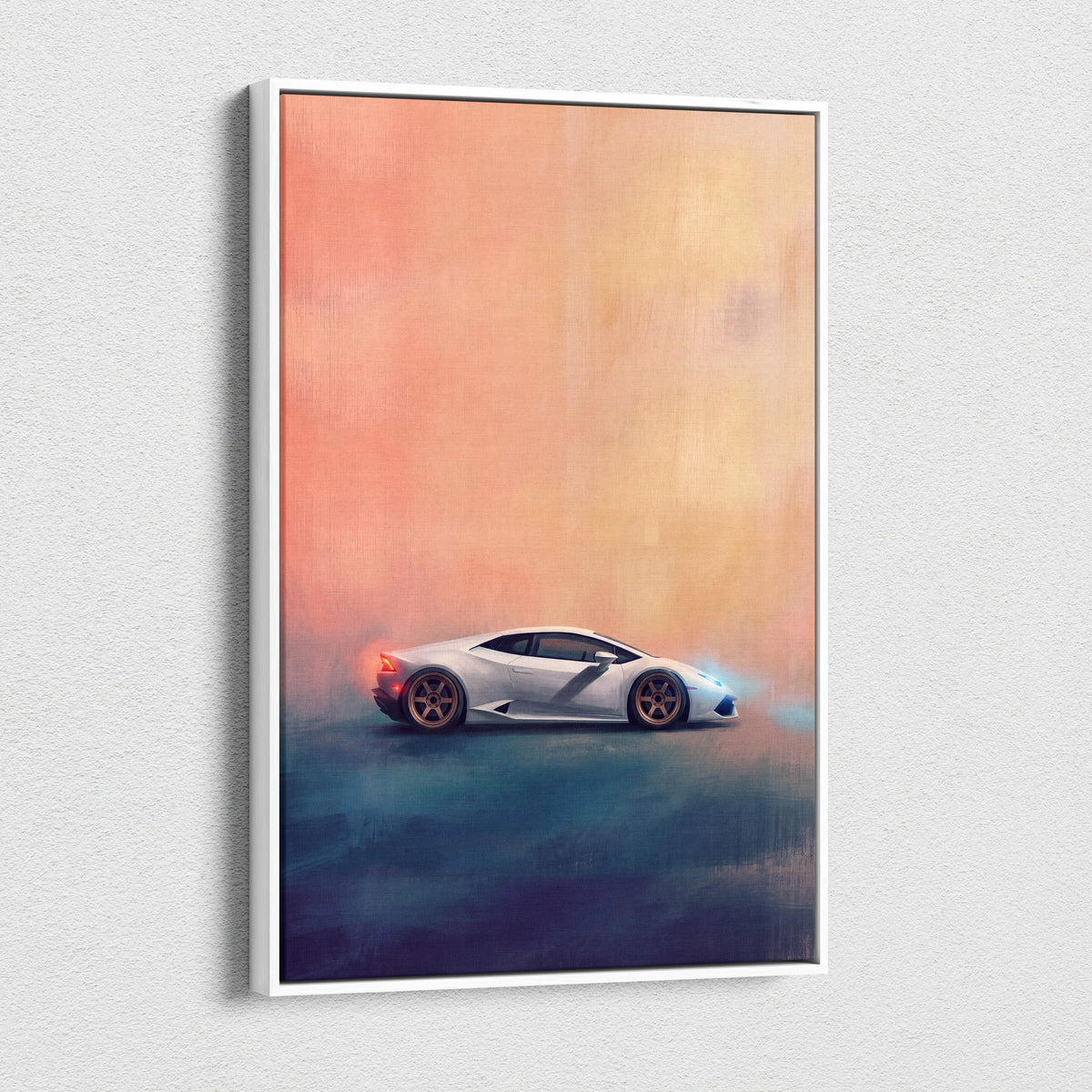 White Lamborghini Huracán inspired supercar canvas art with stylized paint effect and orange blue gradient background