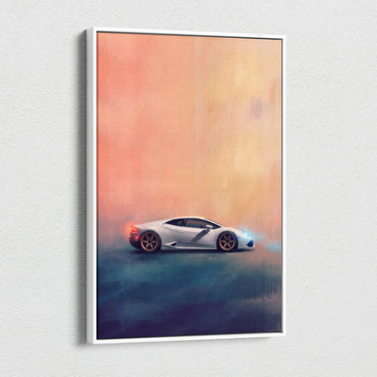 White Lamborghini Huracán inspired supercar canvas art with stylized paint effect and orange blue gradient background