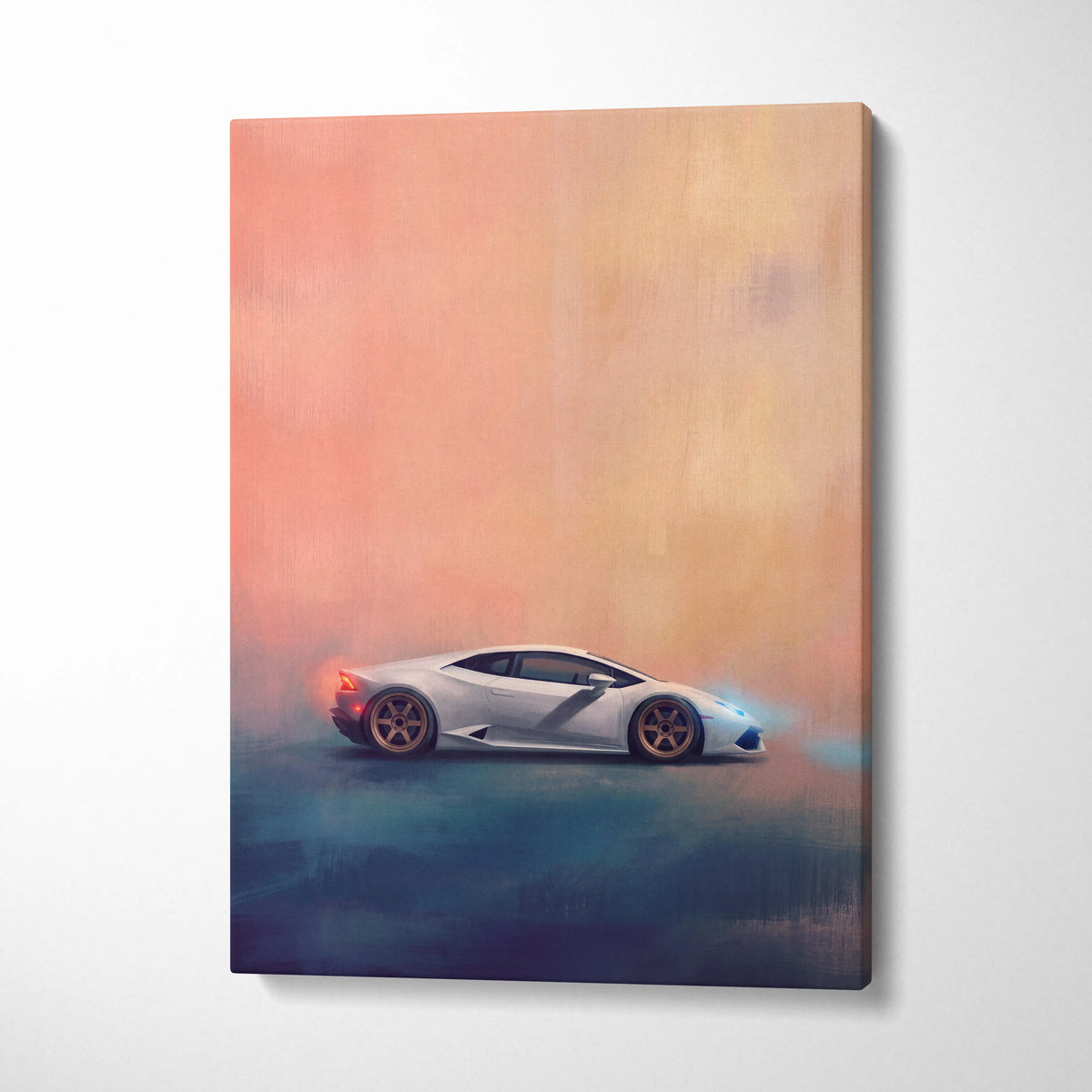 Lamborghini huracán inspired supercar canvas art featuring a white sports car with orange and blue atmospheric effects