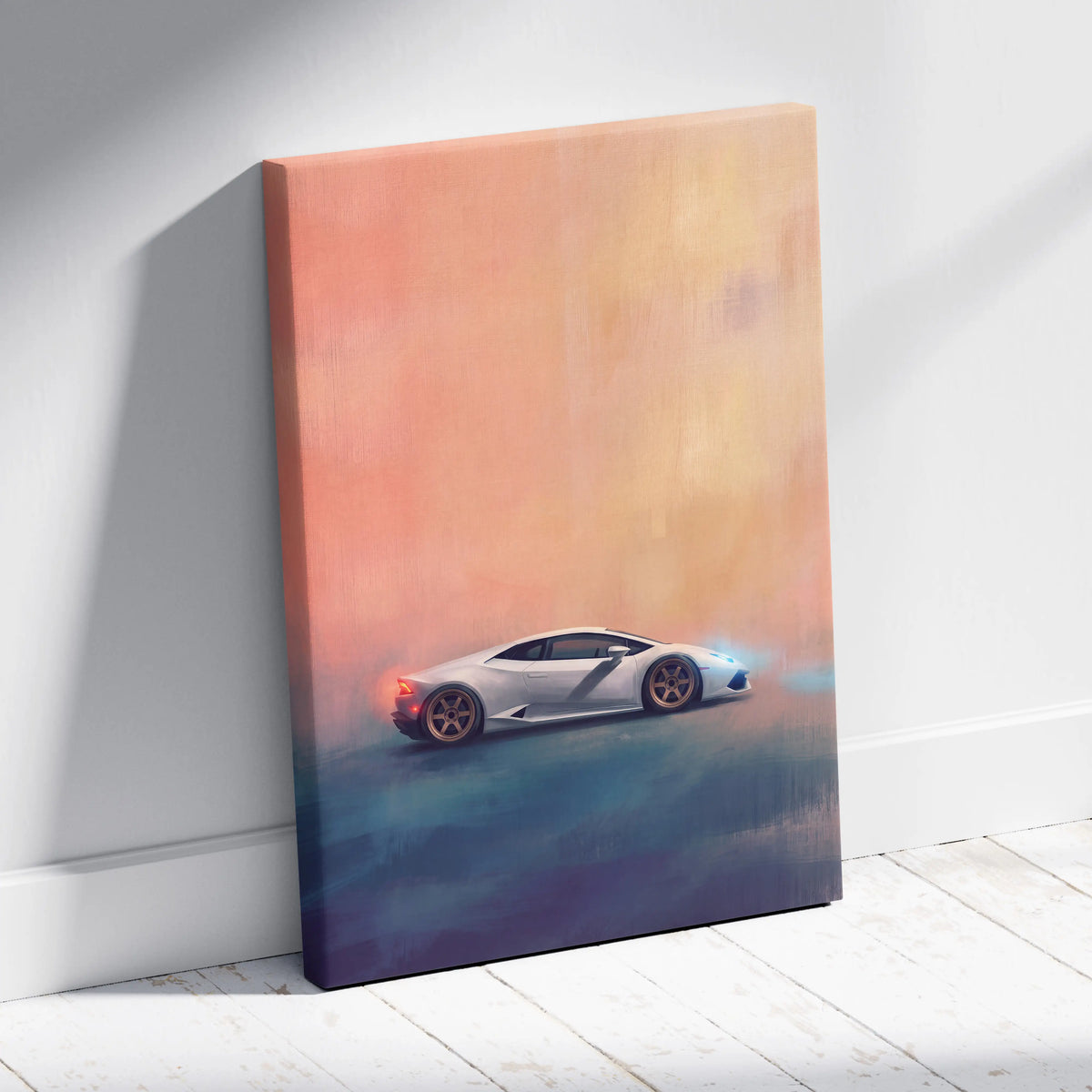 Lamborghini Huracán inspired supercar canvas art print featuring a white sports car with orange and blue gradient background
