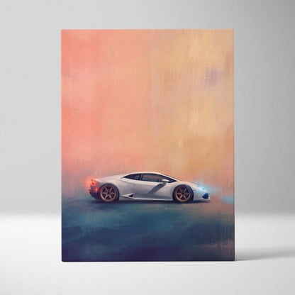 Lamborghini Huracán inspired supercar canvas art featuring a white sports car with orange and blue atmospheric effects