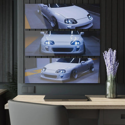 Toyota Supra MK4 3-piece canvas art wall decor featuring detailed car angles in cool gray tones.