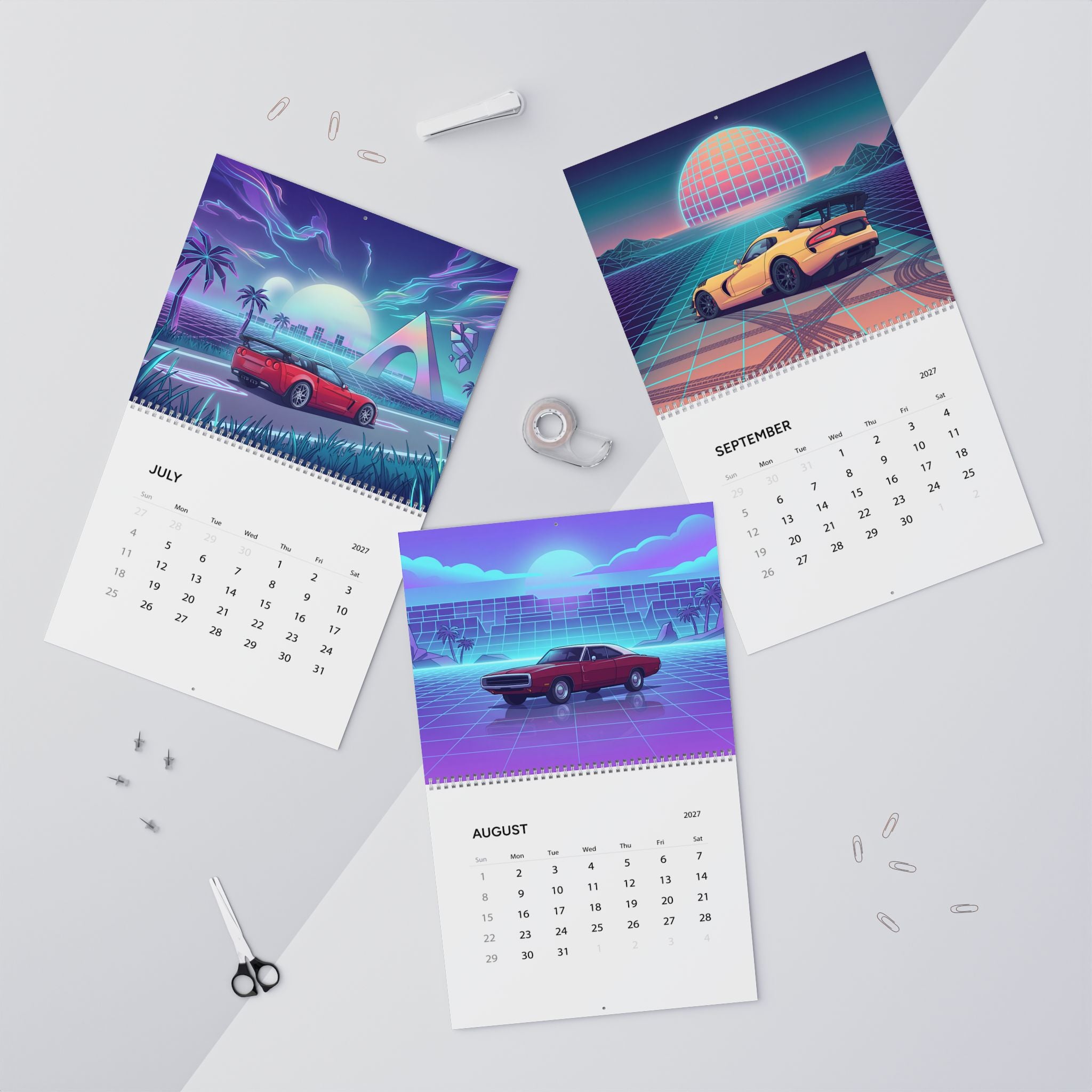 2027 Muscle Car Vaporwave Wall Calendar – American Performance Cars & Retro Neon Artwork Collection
