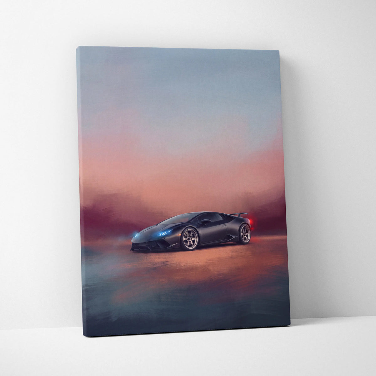 Black Lamborghini Huracán-inspired canvas art featuring a sleek matte sports car with glowing blue headlights and red taillights