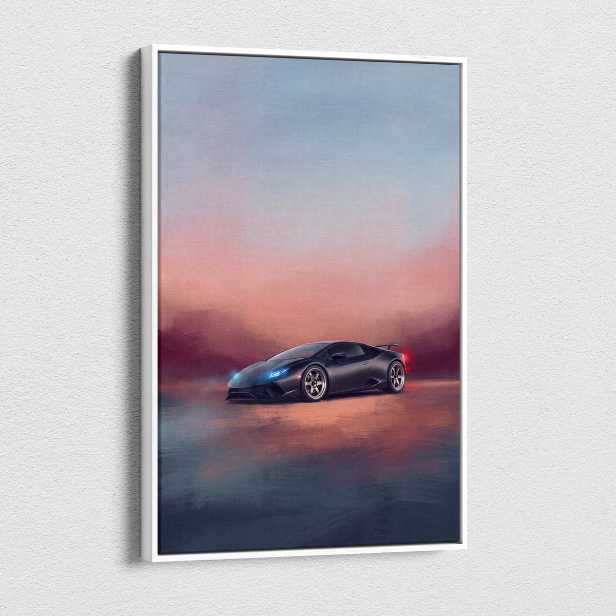 Lamborghini huracán inspired canvas art featuring a black sports car with glowing blue headlights and red taillights