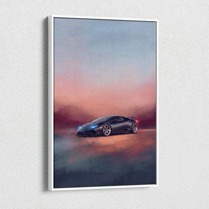 Lamborghini huracán inspired canvas art featuring a black sports car with glowing blue headlights and red taillights
