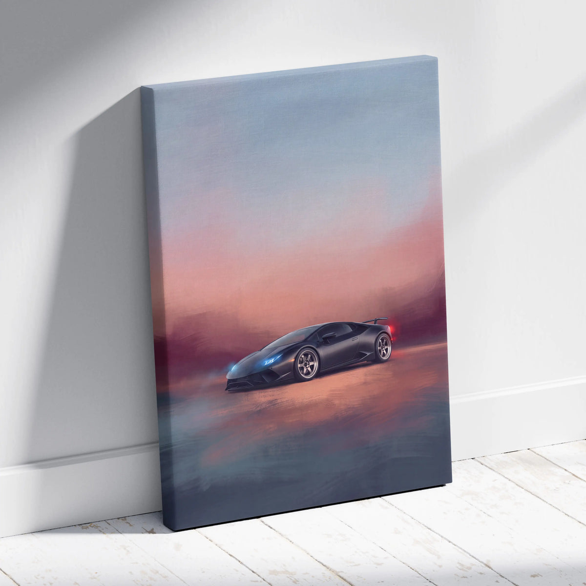 Black lamborghini huracán inspired canvas art featuring a sleek sports car against a pink and blue gradient sky