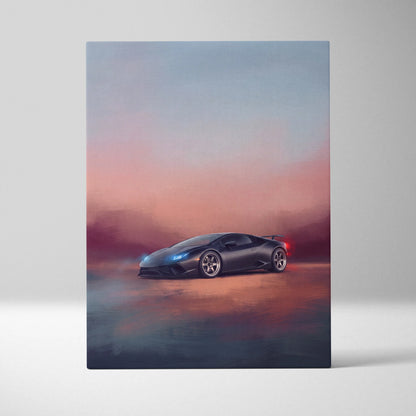 Black Lamborghini Huracán inspired canvas art featuring glowing blue headlights and red taillights against gradient sky