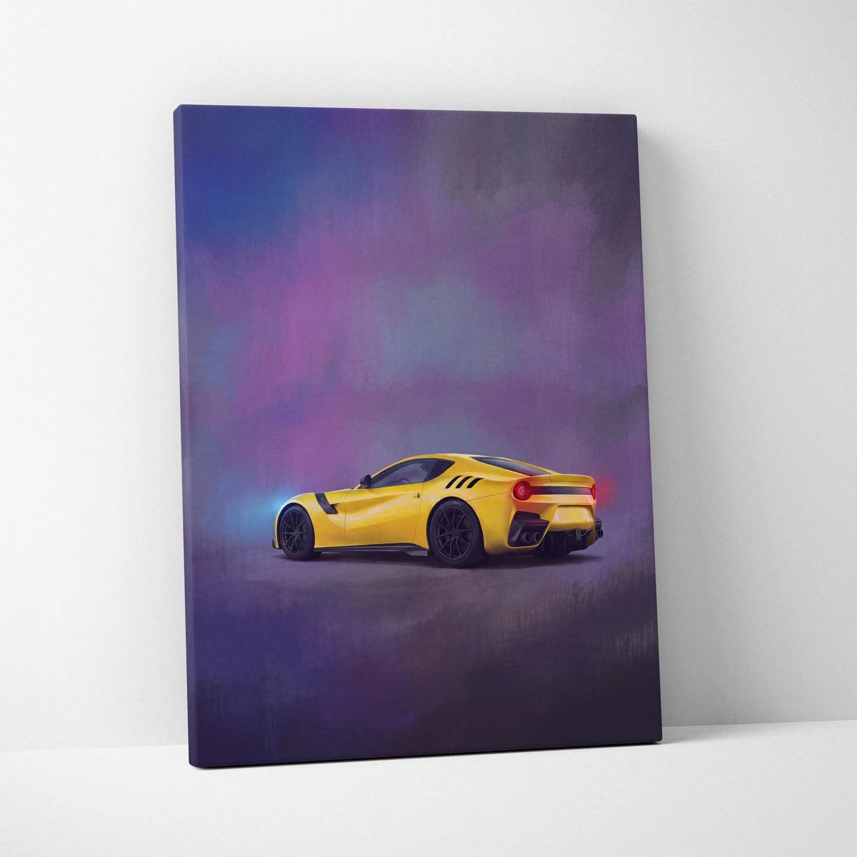 Vibrant yellow Ferrari F12berlinetta sports car depicted in a stylized atmospheric canvas painting print for wall art