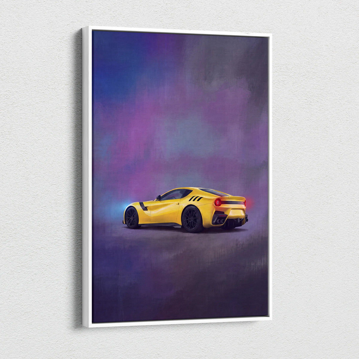 Vibrant yellow Ferrari F12berlinetta inspired sports car illustration on a white-framed canvas wall art print