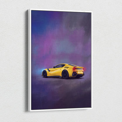 Vibrant yellow Ferrari F12berlinetta inspired sports car illustration on a white-framed canvas wall art print