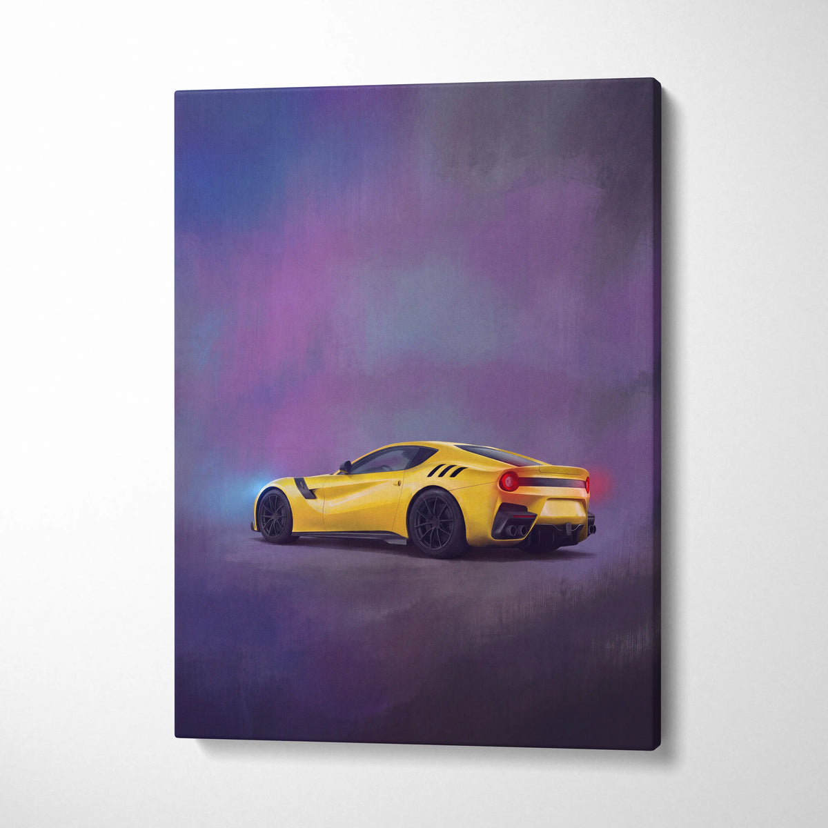 Vibrant yellow Ferrari F12berlinetta inspired sports car canvas painting print with purple and blue atmospheric lighting