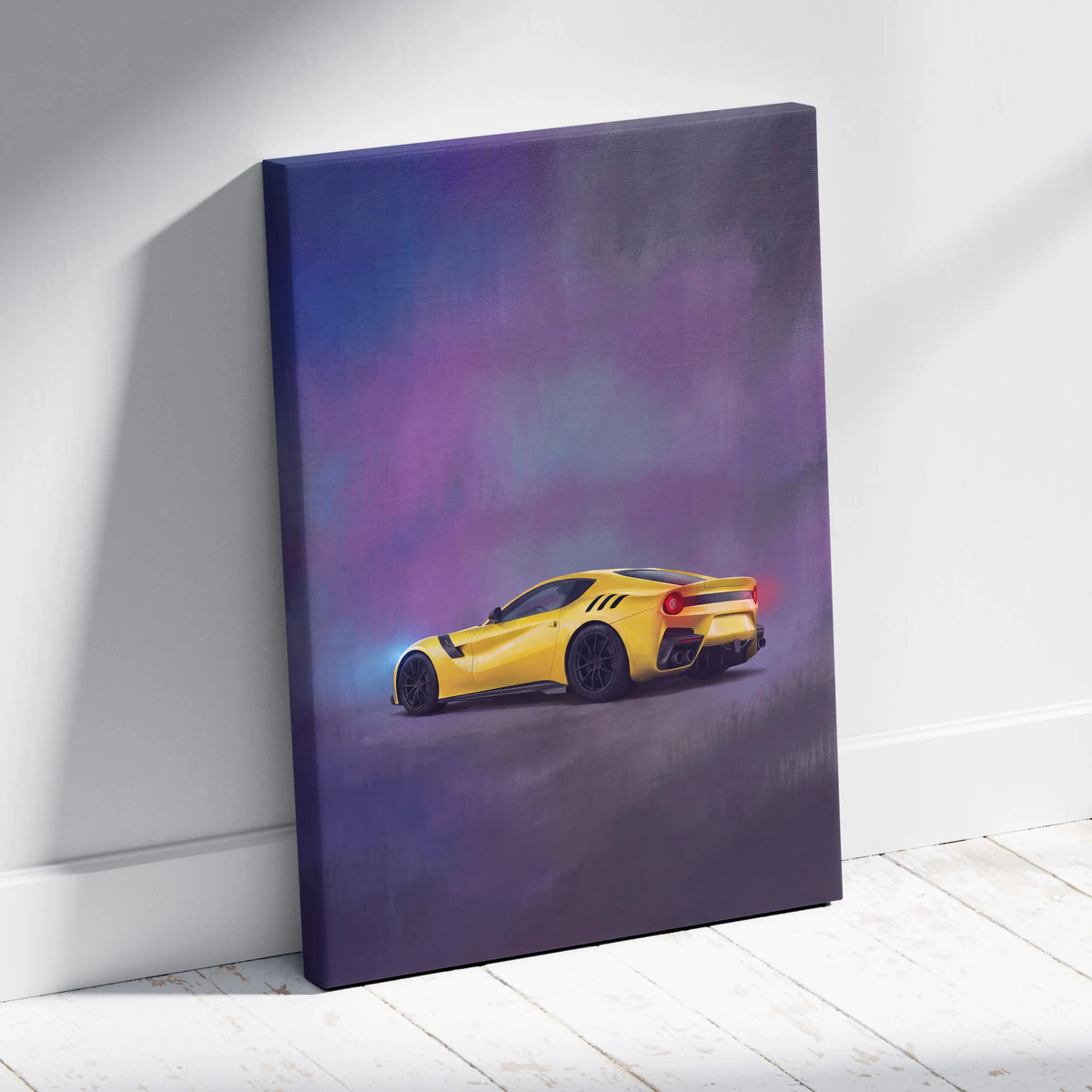 Ferrari F12berlinetta inspired yellow sports car wall art canvas print showing dynamic rear three quarter view