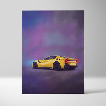 Vibrant yellow ferrari f12berlinetta sports car wall art print with glowing blue and red accents on purple sky canvas