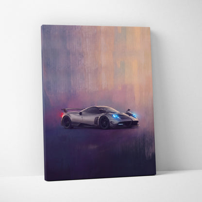Silver pagani huayra bc inspired automotive canvas wall art with glowing blue headlights and red taillights